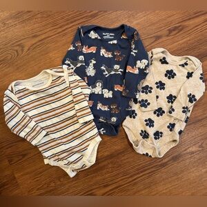 Set of Three Long Sleeve Bodysuits with Stripes and Puppy Prints